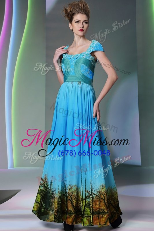 wholesale nice royal blue zipper square appliques and pattern prom dresses printed sleeveless