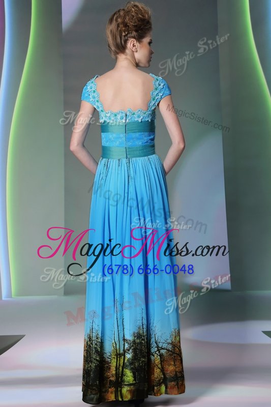 wholesale nice royal blue zipper square appliques and pattern prom dresses printed sleeveless