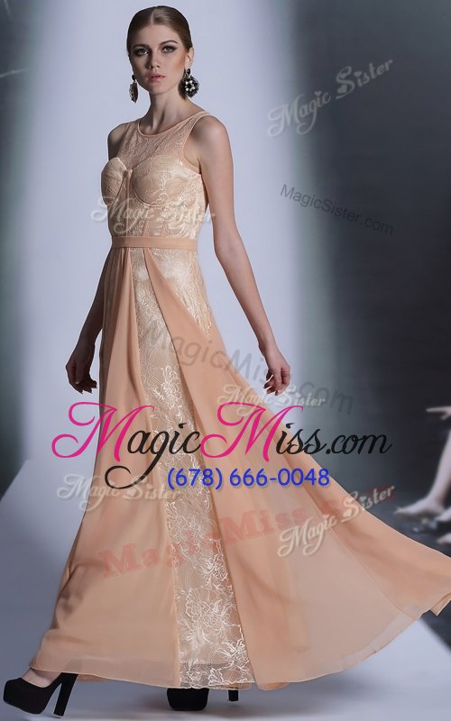 wholesale traditional scoop lace prom dress peach side zipper sleeveless floor length