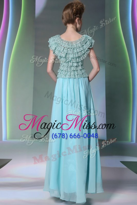 wholesale scoop lace prom party dress baby blue side zipper cap sleeves floor length