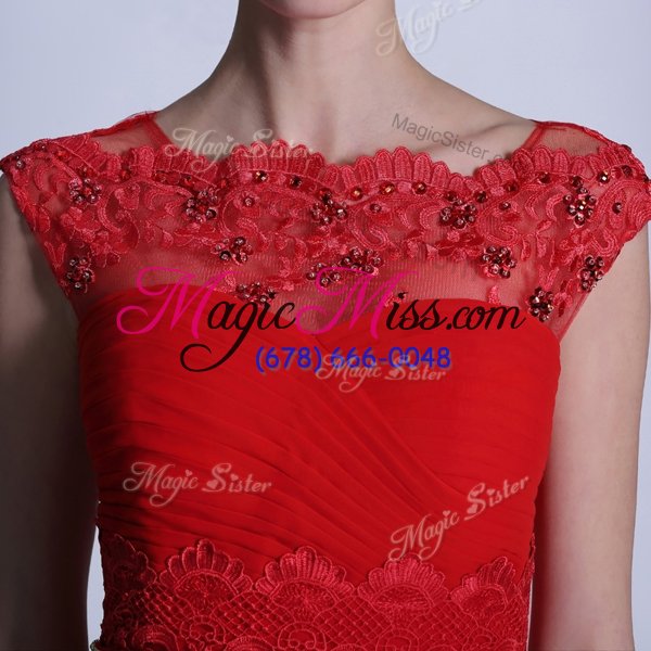 wholesale flare scalloped sleeveless chiffon prom dress beading and lace side zipper