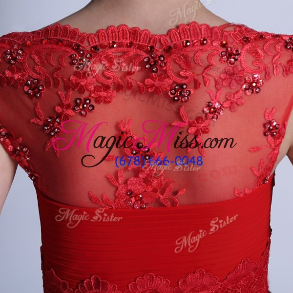 wholesale flare scalloped sleeveless chiffon prom dress beading and lace side zipper