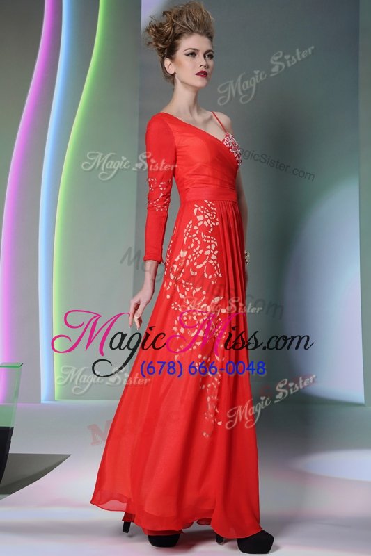 wholesale beauteous beading and embroidery prom evening gown watermelon red side zipper long sleeves floor length