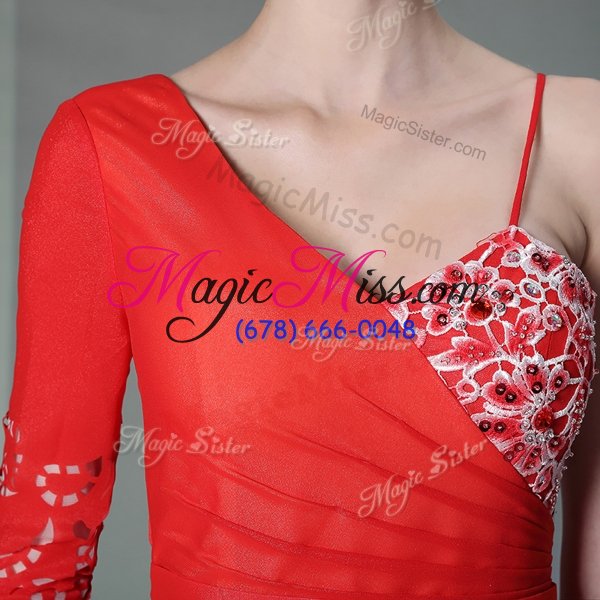 wholesale beauteous beading and embroidery prom evening gown watermelon red side zipper long sleeves floor length