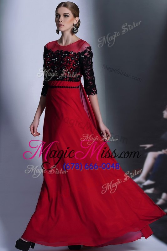 wholesale glorious scoop floor length wine red evening outfits chiffon 3|4 length sleeve beading and appliques