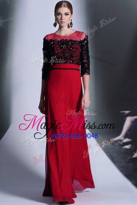 wholesale glorious scoop floor length wine red evening outfits chiffon 3|4 length sleeve beading and appliques