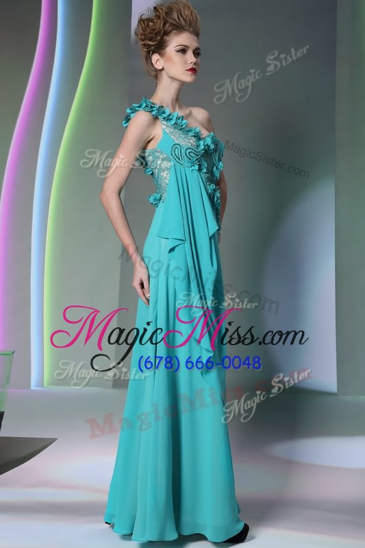 wholesale dramatic turquoise column/sheath chiffon one shoulder sleeveless lace and hand made flower floor length side zipper homecoming dress