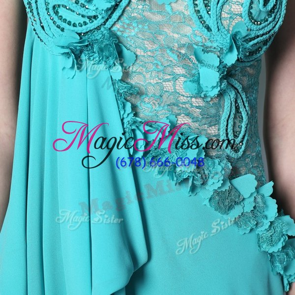 wholesale dramatic turquoise column/sheath chiffon one shoulder sleeveless lace and hand made flower floor length side zipper homecoming dress