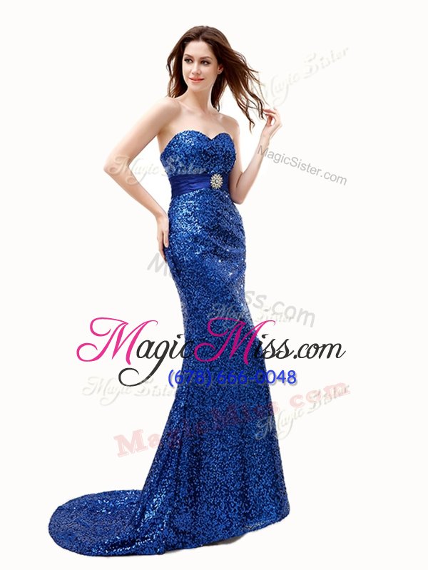 wholesale super mermaid beading and belt womens evening dresses navy blue lace up sleeveless with brush train