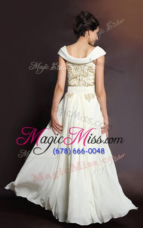 wholesale graceful white cap sleeves floor length beading side zipper prom evening gown