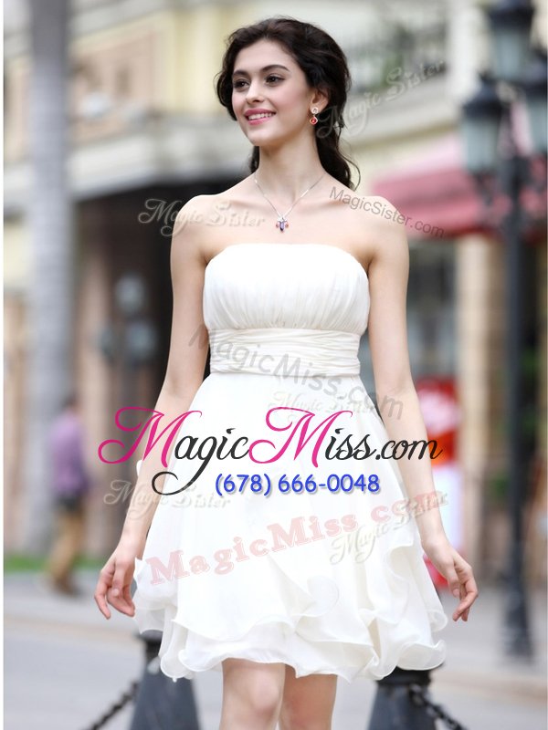 wholesale on sale white a-line chiffon strapless sleeveless beading knee length zipper evening dress