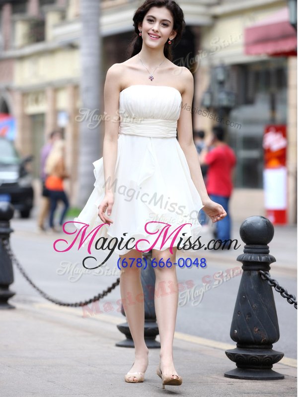 wholesale on sale white a-line chiffon strapless sleeveless beading knee length zipper evening dress