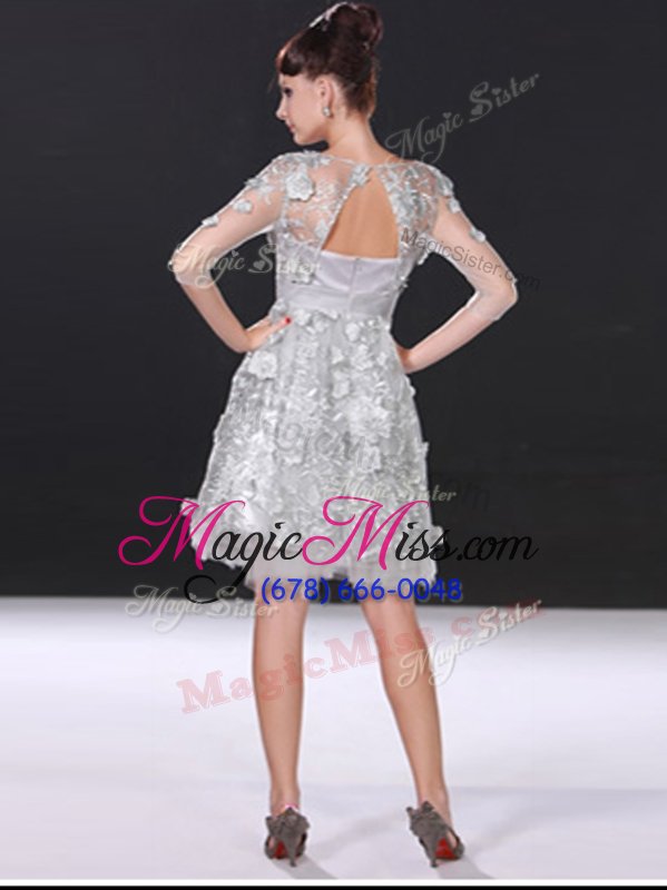 wholesale custom fit bateau 3|4 length sleeve dress for prom knee length beading and lace silver chiffon