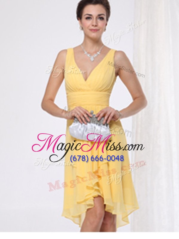 wholesale custom design ruching hoco dress yellow zipper sleeveless knee length
