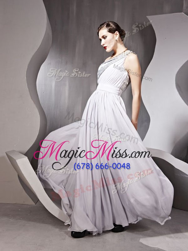 wholesale deluxe one shoulder chiffon sleeveless floor length prom evening gown and beading