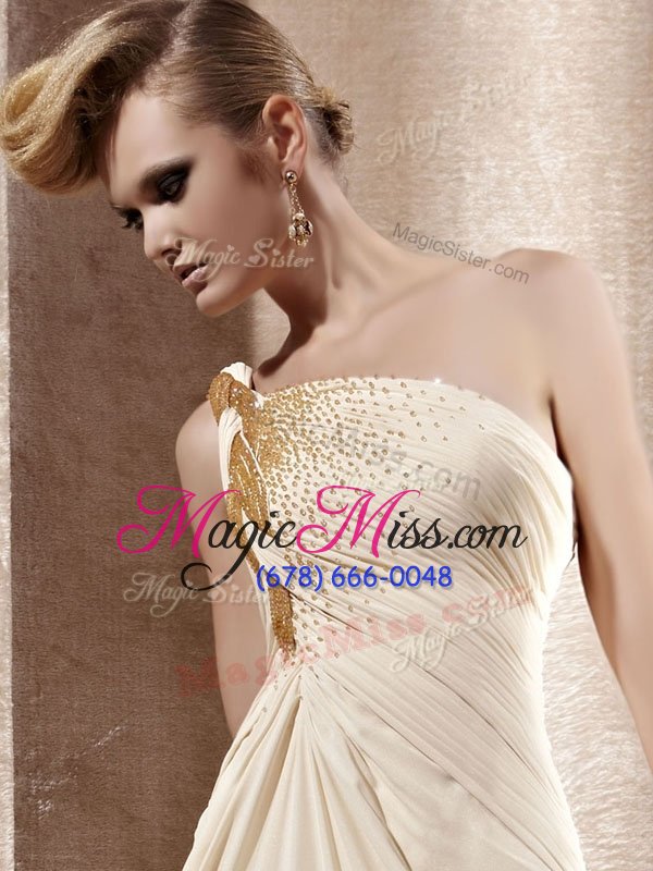 wholesale elegant champagne empire chiffon one shoulder sleeveless beading floor length side zipper prom dress