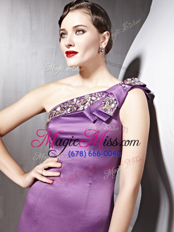 wholesale lavender satin side zipper one shoulder sleeveless floor length juniors evening dress beading