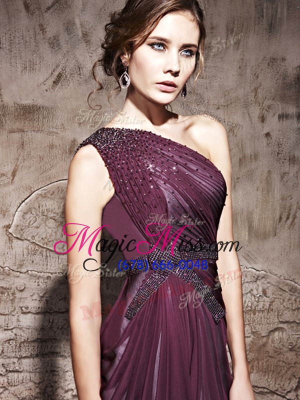 wholesale sexy one shoulder sleeveless side zipper floor length beading and ruching evening dress