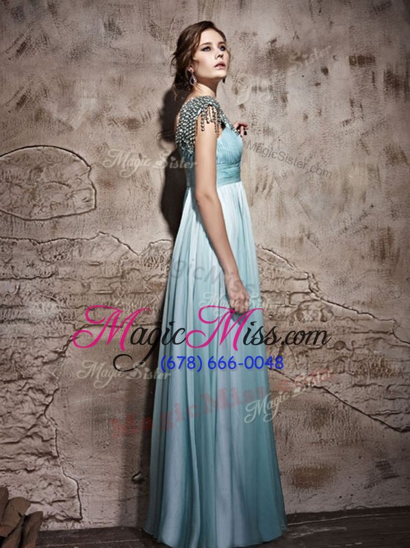 wholesale edgy empire dress for prom light blue one shoulder chiffon sleeveless floor length side zipper