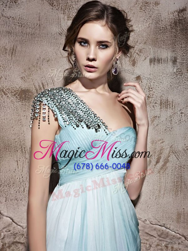 wholesale edgy empire dress for prom light blue one shoulder chiffon sleeveless floor length side zipper
