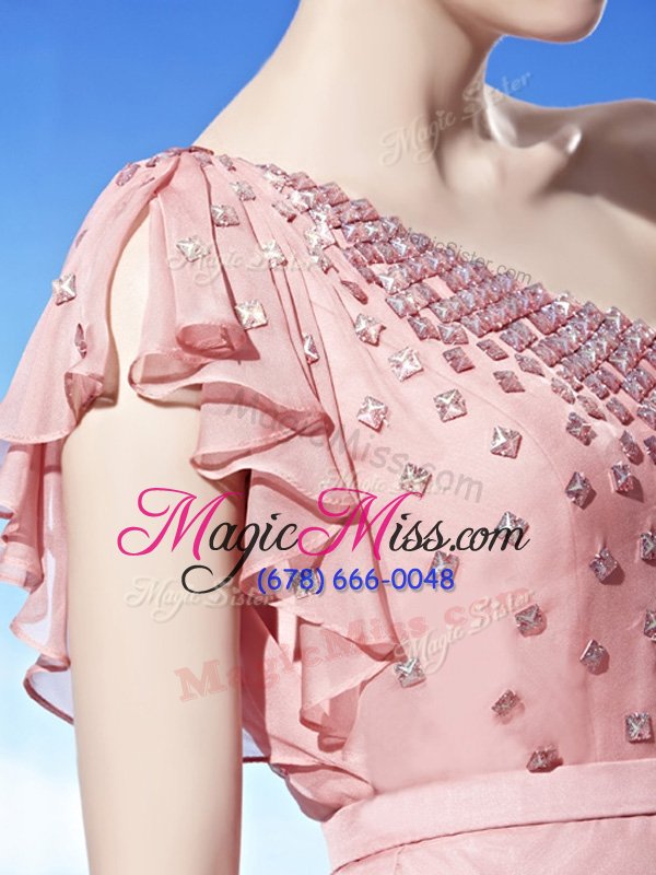 wholesale sexy baby pink side zipper one shoulder beading chiffon sleeveless