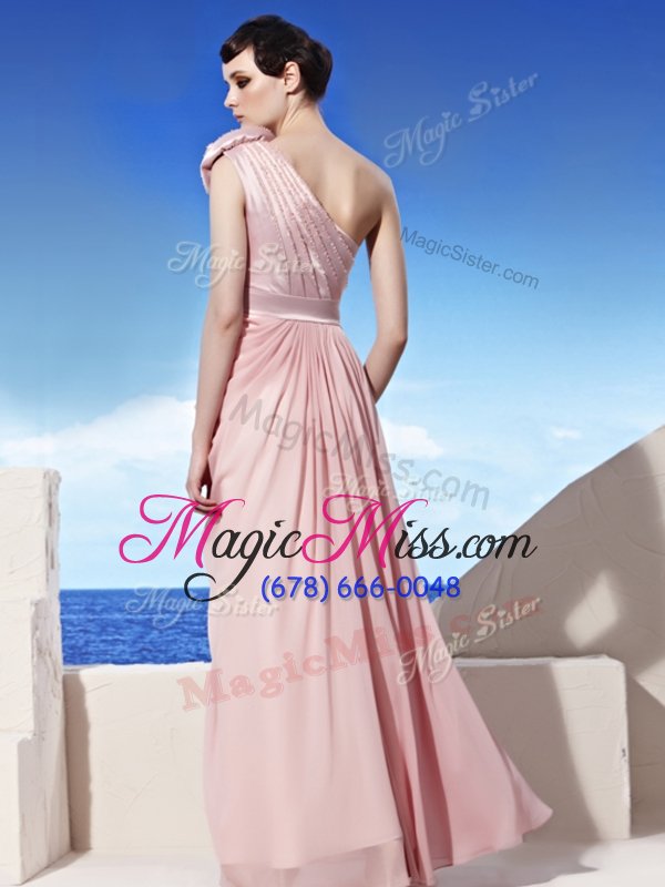 wholesale glittering one shoulder sleeveless chiffon evening dress ruching and hand made flower side zipper