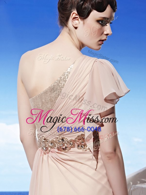 wholesale elegant sequins floor length peach prom evening gown one shoulder sleeveless side zipper