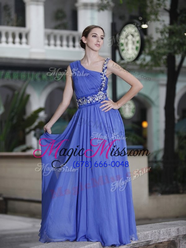 wholesale stylish one shoulder chiffon sleeveless floor length prom dresses and hand made flower
