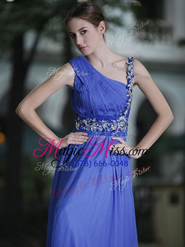 wholesale stylish one shoulder chiffon sleeveless floor length prom dresses and hand made flower