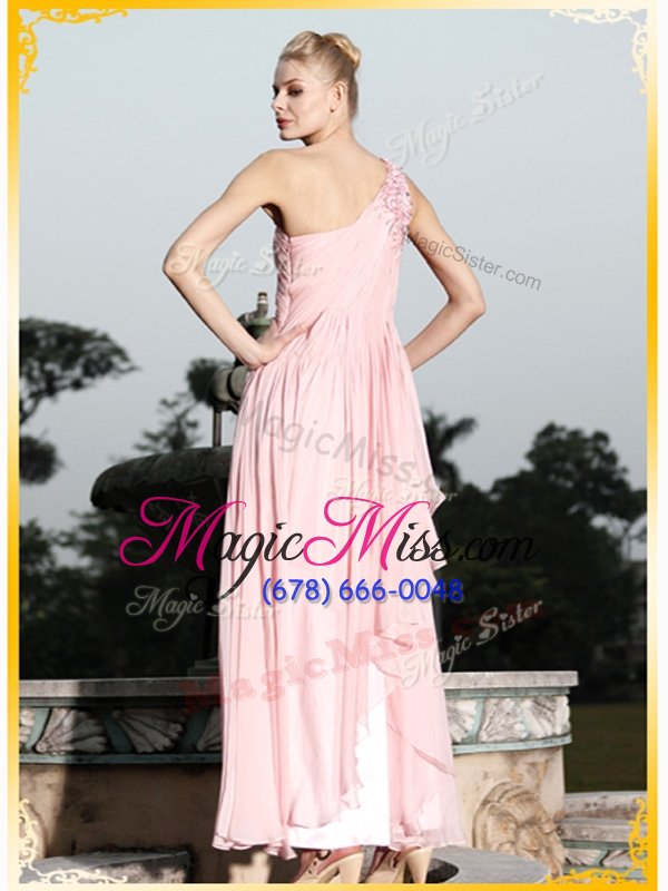 wholesale romantic one shoulder sleeveless side zipper floor length ruching and hand made flower