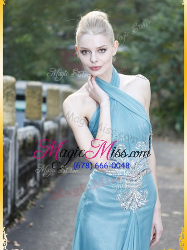 wholesale discount floor length baby blue prom gown halter top sleeveless zipper