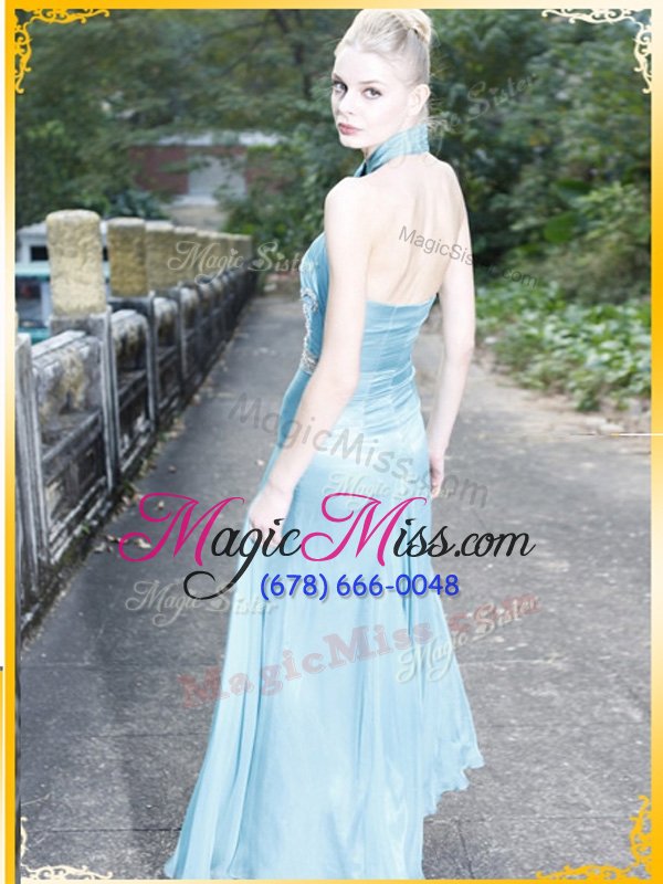 wholesale discount floor length baby blue prom gown halter top sleeveless zipper