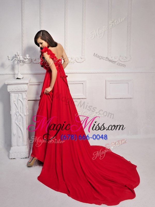wholesale one shoulder with train lace up junior homecoming dress red and in for prom and party with hand made flower court train