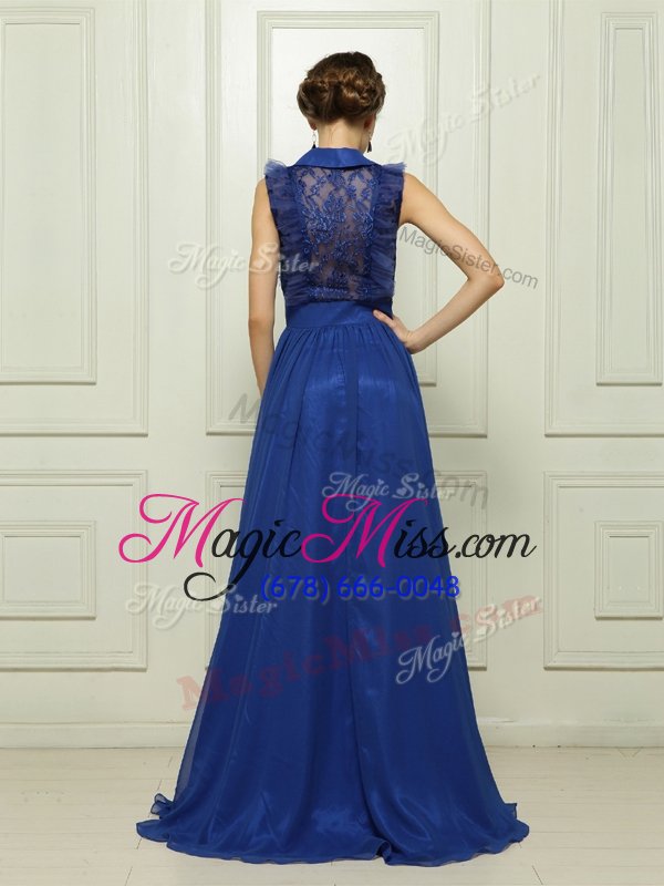 wholesale customized sleeveless chiffon with brush train zipper prom gown in royal blue for with appliques