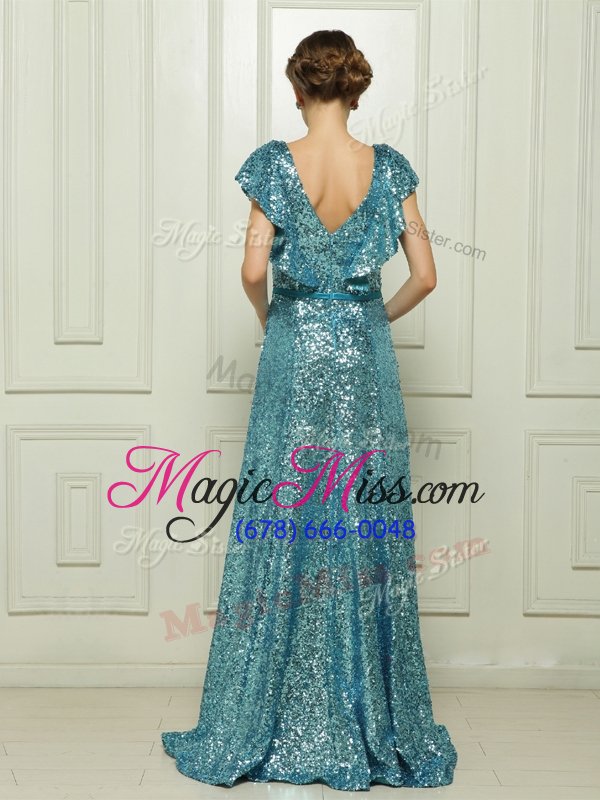 wholesale sexy sleeveless floor length sequins and bowknot zipper mother of the bride dress with teal