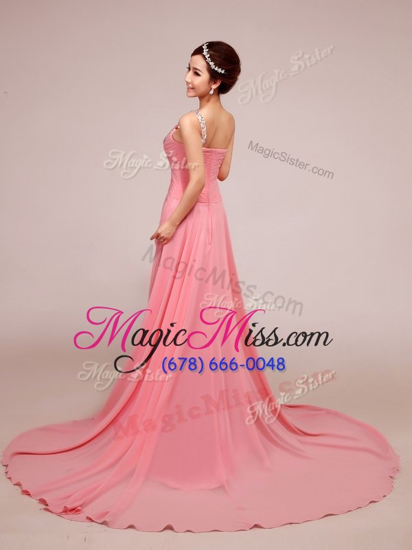 wholesale suitable pink sweetheart neckline beading and ruching evening dress sleeveless zipper