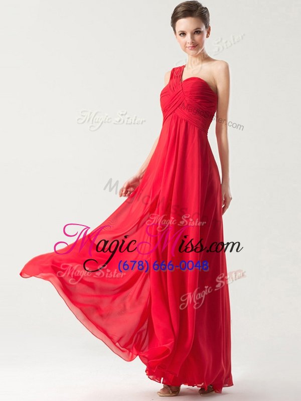 wholesale hot selling red column/sheath chiffon one shoulder sleeveless ruching floor length zipper homecoming dresses