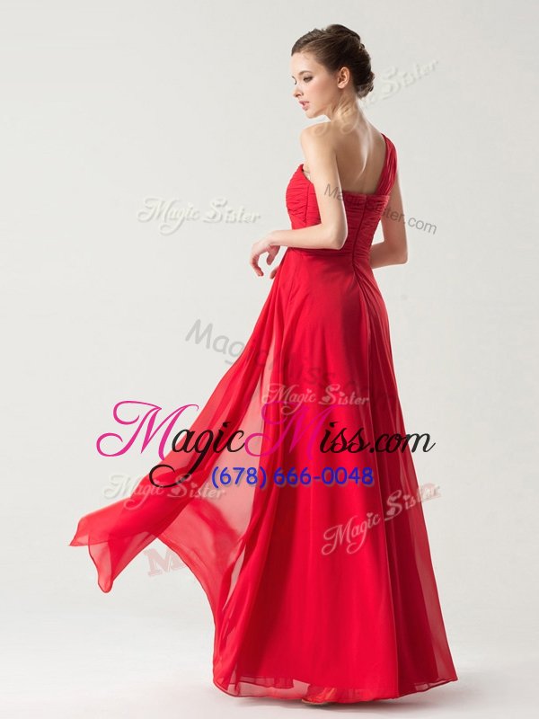 wholesale hot selling red column/sheath chiffon one shoulder sleeveless ruching floor length zipper homecoming dresses