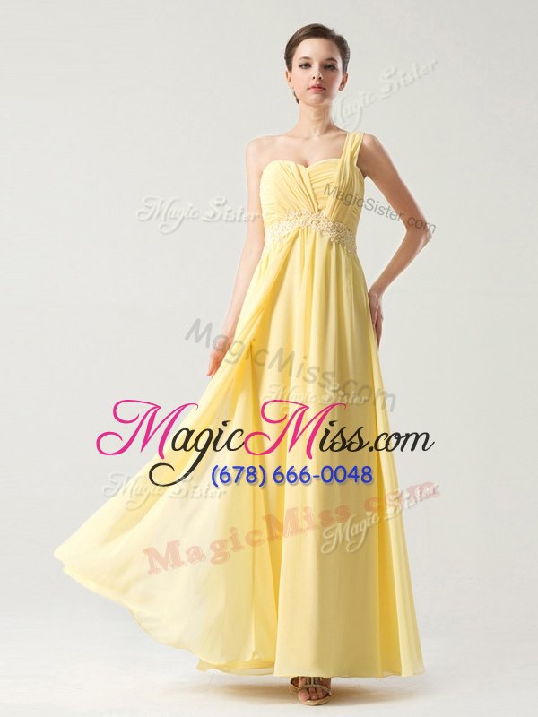 wholesale popular one shoulder ankle length ball gowns sleeveless light yellow homecoming dress zipper