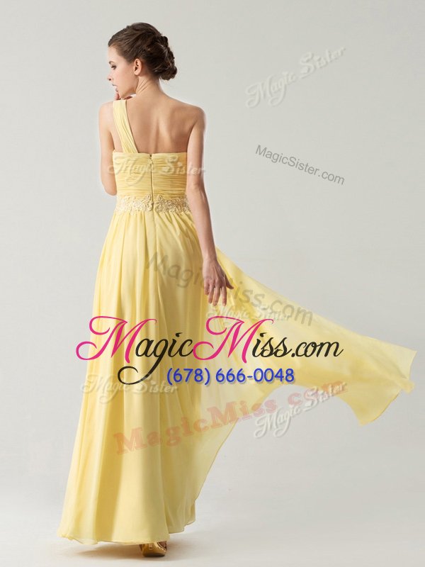 wholesale popular one shoulder ankle length ball gowns sleeveless light yellow homecoming dress zipper
