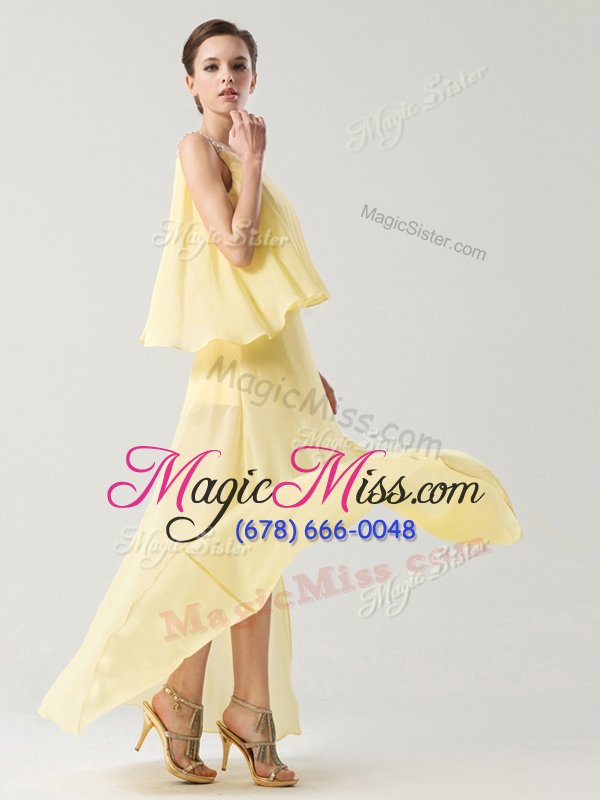 wholesale extravagant one shoulder yellow sleeveless chiffon zipper hoco dress for prom and party