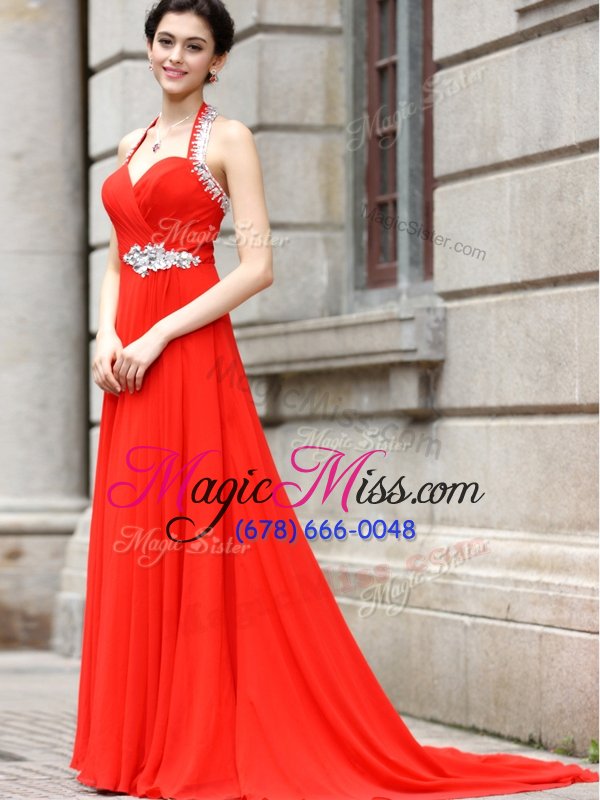 wholesale edgy column/sheath sleeveless red prom gown brush train zipper