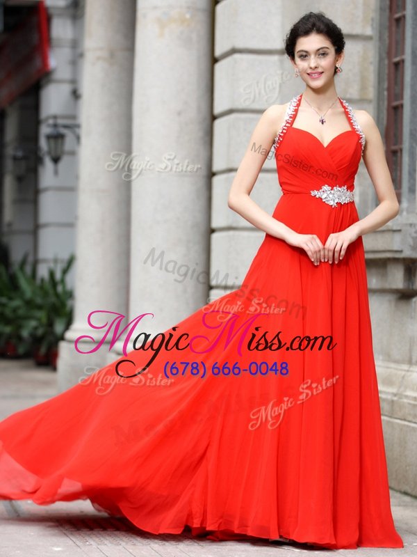 wholesale edgy column/sheath sleeveless red prom gown brush train zipper