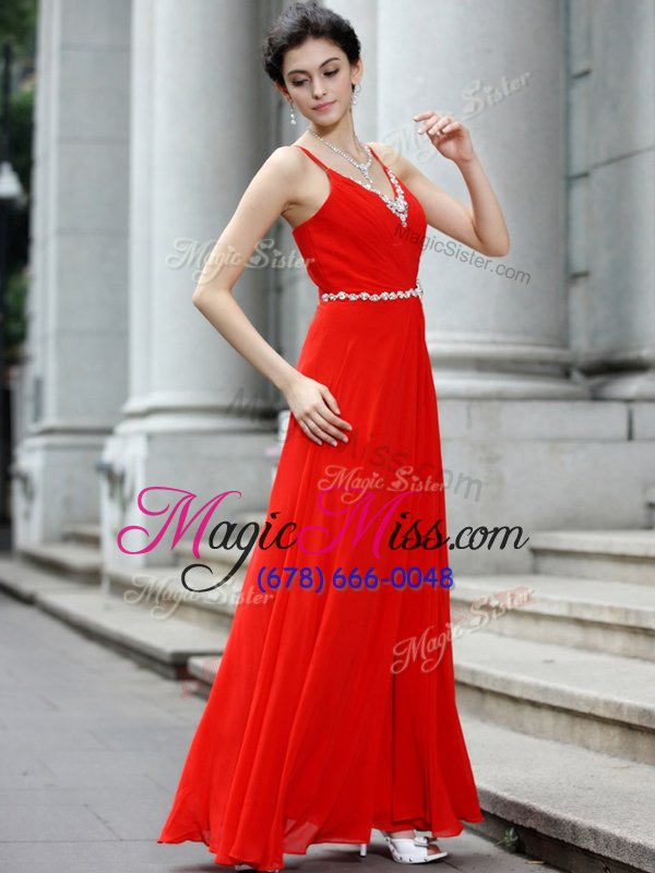 wholesale eye-catching sleeveless floor length beading zipper homecoming dress with red