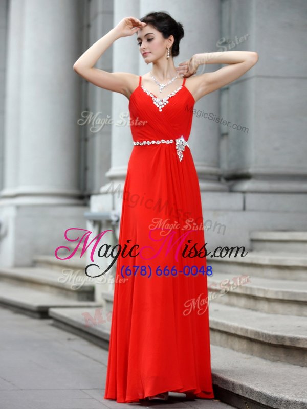wholesale eye-catching sleeveless floor length beading zipper homecoming dress with red