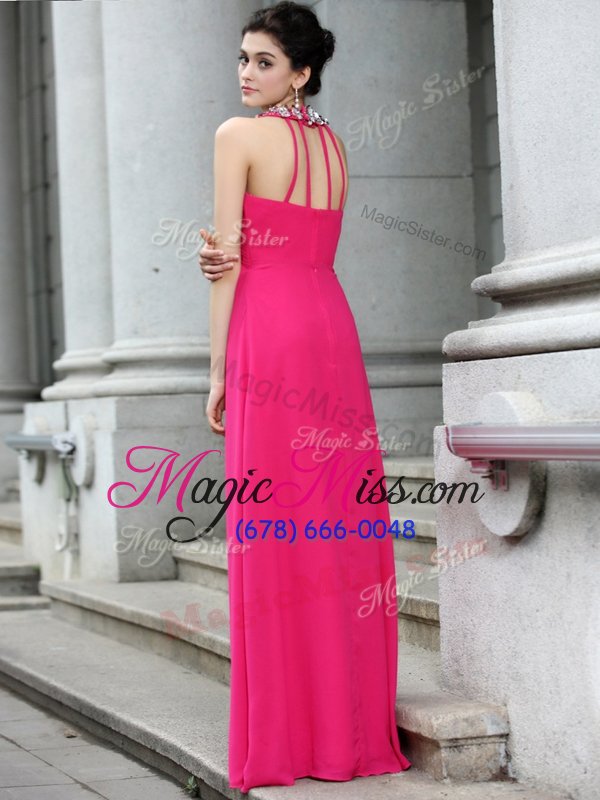 wholesale hot pink sleeveless floor length beading and ruching criss cross formal dresses