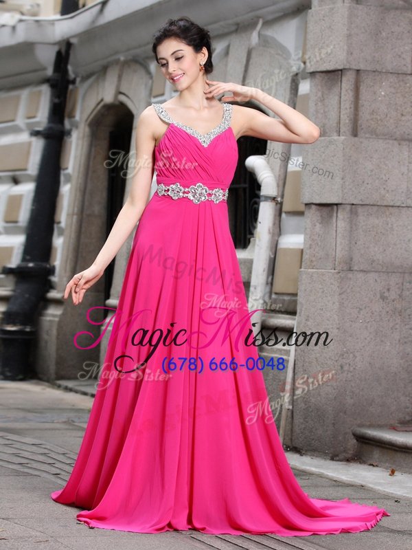 wholesale cheap hot pink zipper prom evening gown beading sleeveless brush train