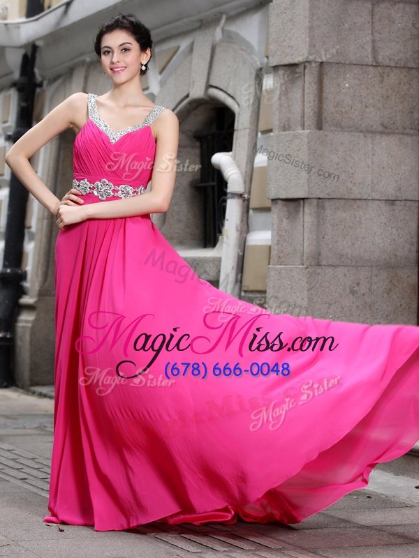 wholesale cheap hot pink zipper prom evening gown beading sleeveless brush train