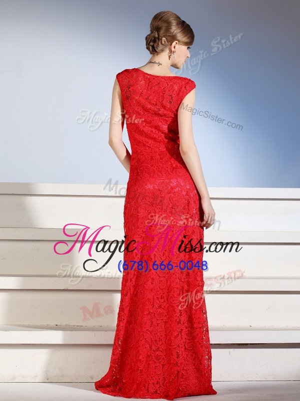 wholesale pretty lace evening dress red side zipper sleeveless floor length