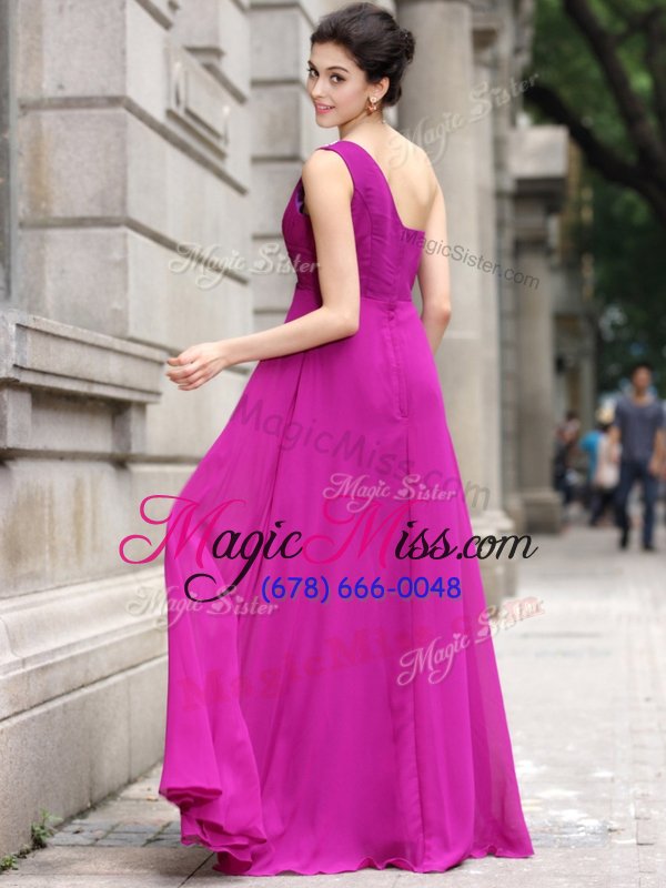 wholesale spectacular one shoulder fuchsia chiffon zipper homecoming dresses sleeveless floor length beading